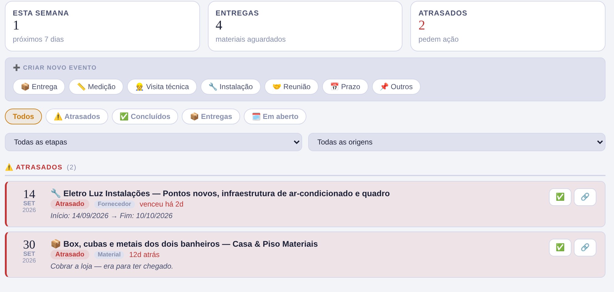 Agenda da obra com entregas atrasadas e serviços em andamento
