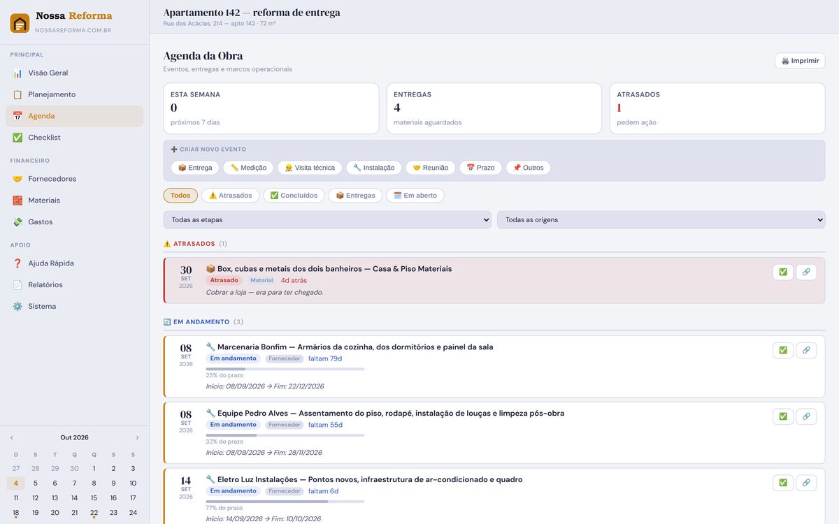 Tela Agenda da Obra: compromissos separados em atrasados, em andamento e a começar, com datas e fornecedores.